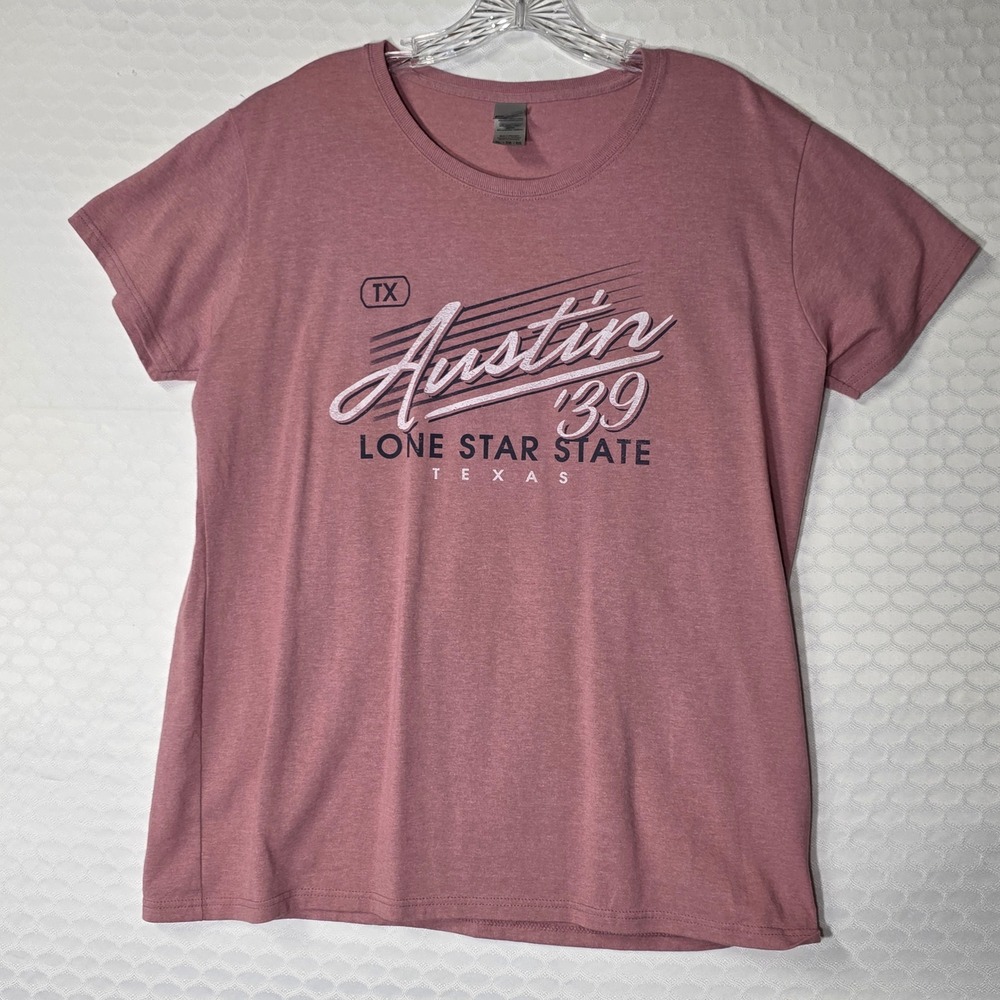 Gildan Austin 39 Lone Star State Texas Graphic Tee Mauve Pink XL Ladies
